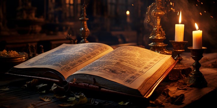An ancient book laying on a weathered desk with scattered dried leaves laying all around. Candles cast a warm glow in the room.