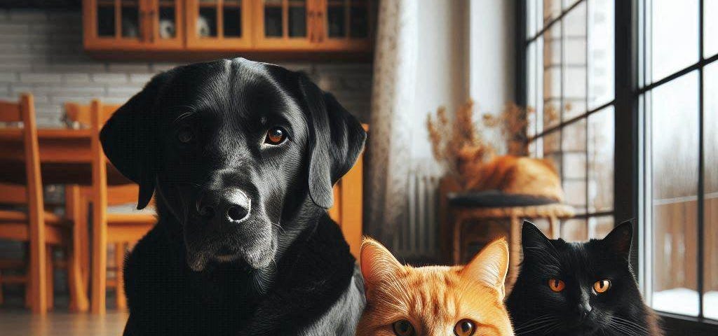 an AI created image of a black lab, an orange/white cat and a black cat