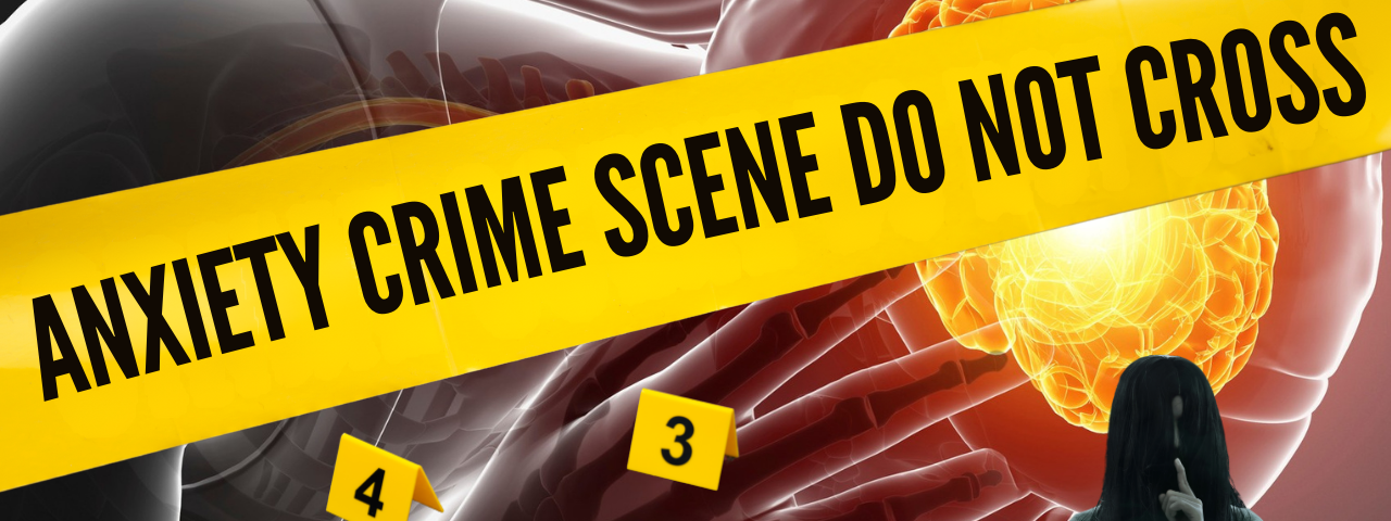 background of robot hold his head with bright yellow brain. Across the screen anxiety crime scene tape