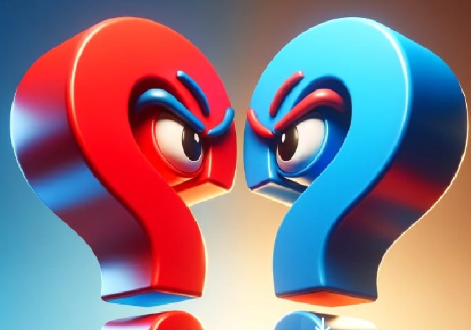 Two animated question marks facing off. One is red and the other blue.