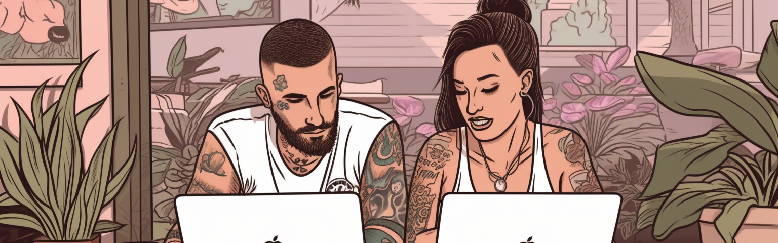 a man and a woman with many tattoos sit in front of their apple computers working at a cafe