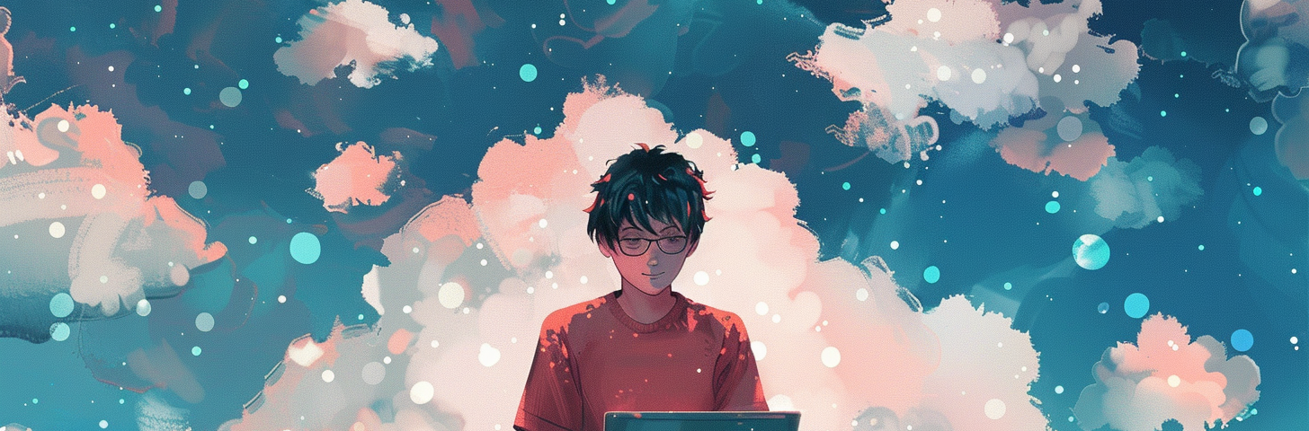 a person using their laptop, surrounded by clouds