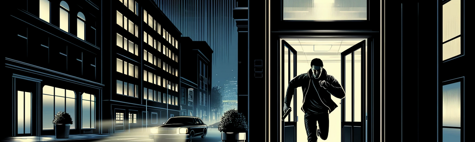 The nighttime scene where a man in black clothes is running out from a building.