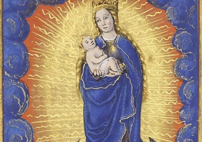 The Virgin Mary, crowned, with the Child, stands on the crescent on a gold ground, rayed, and surrounded by blue clouds