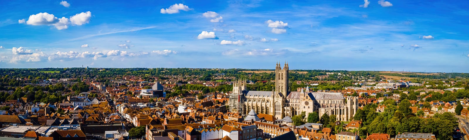 An aerial view of Canterbury with the Cathedral in the centre of the image