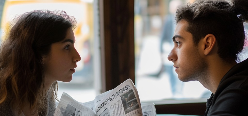 A man and a woman stare seriously at each other while at a small cafe table filled with newspapers and their cofee cups.