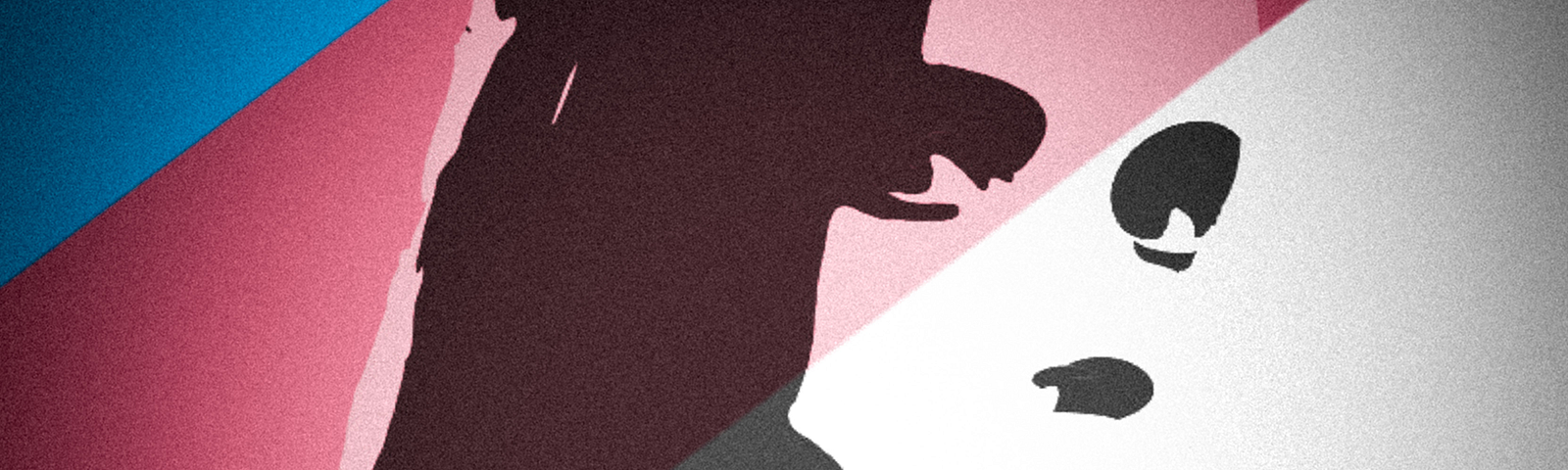 Stylized self portrait by the author. A high contrast silhouette against a background with the trans flag colours (light blue, pink and white).