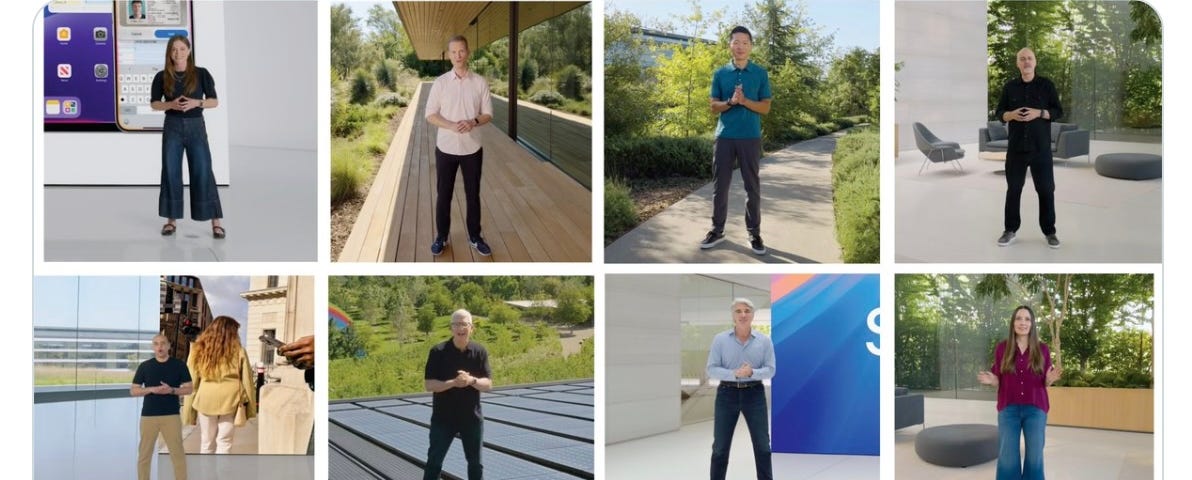 IMAGE: An image shared by @vittorio — (e/acc) on X with 12 Apple executives all adopting the same “power posture” during a keynote presentation