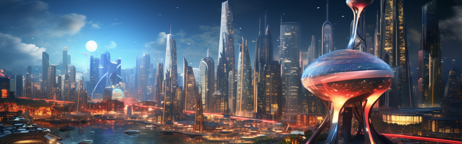 Midjourney generated image of affluent Chinese people enjoying life in a futuristic city
