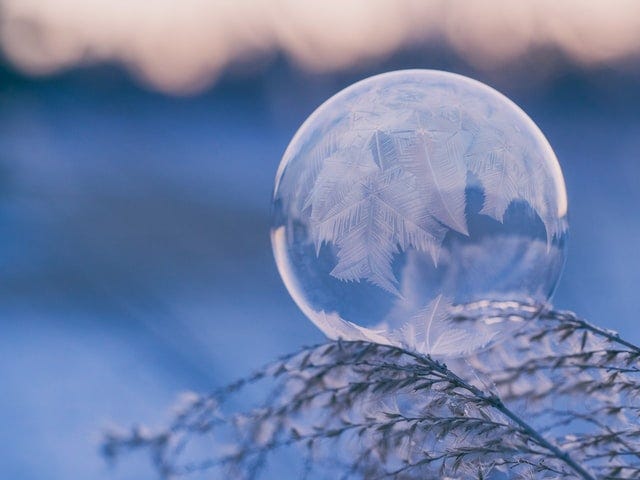 Close-up of a glass sphere on a branch outside with winter background.