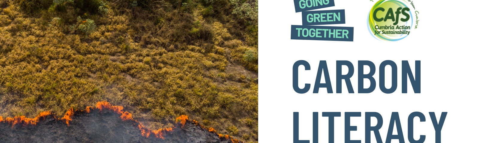 Image shows burning grassland, and title: Carbon Literacy Training
