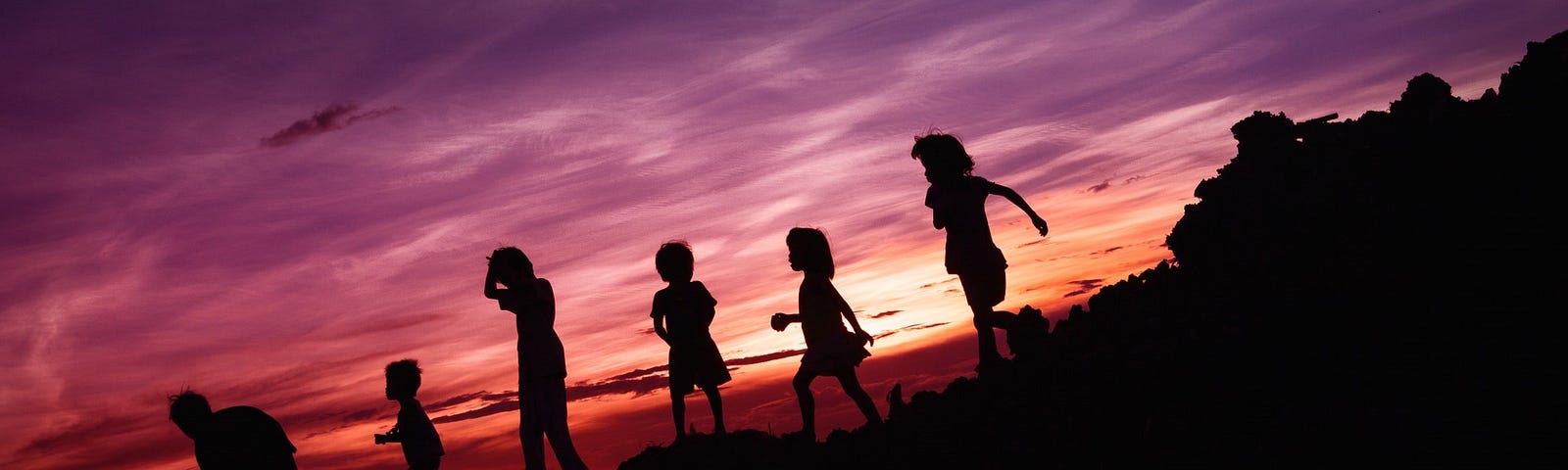 Silhouettes of several children playing outdoors in the evening.