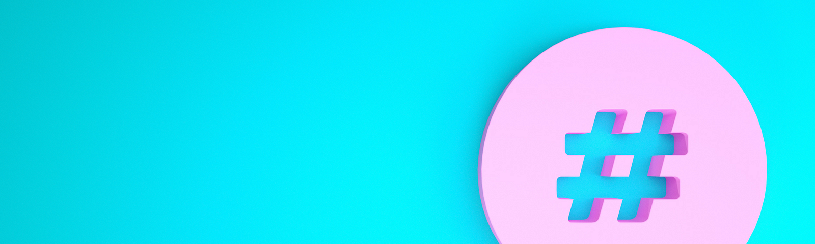 bright blue background with a pink talk bubble and a hashtag in the center