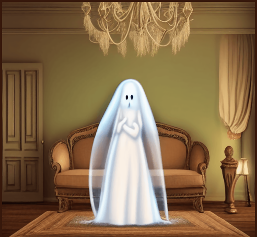 Cartoon style picture of a ghost in a living room