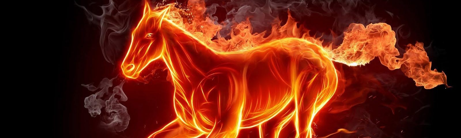 fire outlined horse against a black background with flaming tail