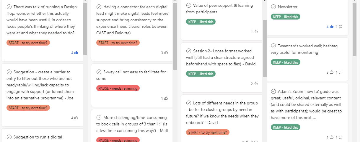 A part of the learnings board showing 4 thematic columns, each containing different learnings with different tags (‘Keep — liked this’; Start — try next time?’; Pause — needs reviewing’). Some of the cards have been upvoted.