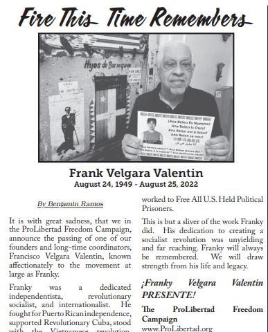 Image reads, “Fire This Time Remembers” with an image of Frank Velgara. Included in the image is the text of an article by the ProLibertad Campaign about Frank Velgara which can be read here: https://www.prolibertad.org/frank-velgara-presente