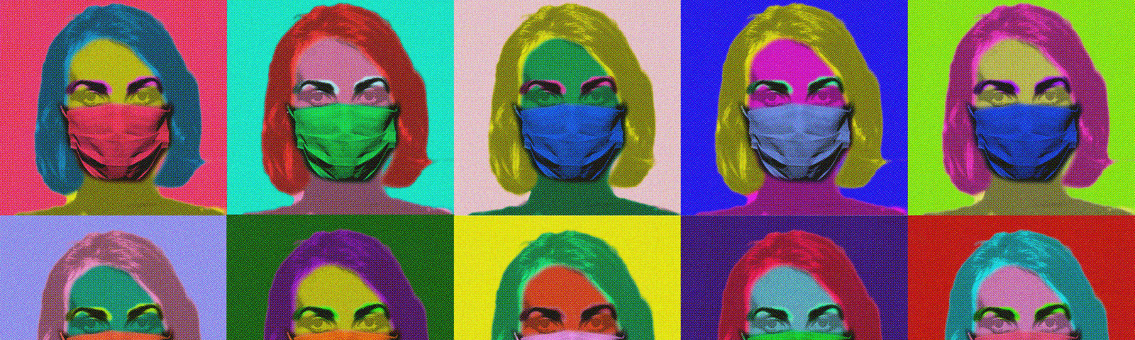 Andy Warhol style digital art with a women wearing a mask in colorful silk screen colors in a repeated grid.