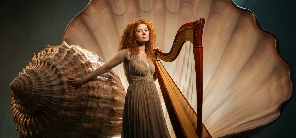 A fair skinned woman stands holding a gigantic harp in front of an even larger seashell. It’s pretty stunning.