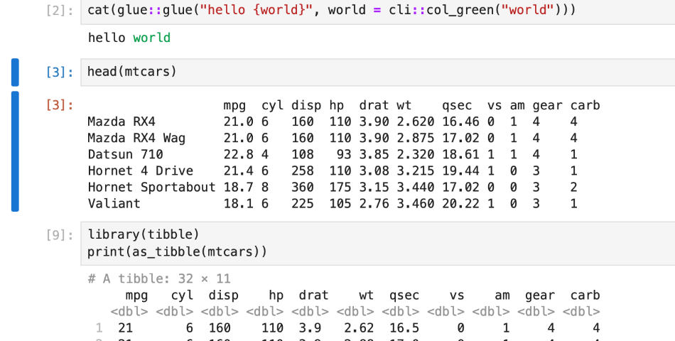 Screenshot of a Jupyter notebook with 3 cells visible. The first cell [2] contains a line of R code that uses cat and glue to print “hello world” with “world” coloured in green thanks the col_green function from the cli package. The second cell [3] shows the command head(mtcars) which outputs a plain text version of the first 6 rows of the mtcars data frame. The third cell [9] contains R code that loads the tibble package and then prints mtcars as a tibble, therefore benefitting from formatting.
