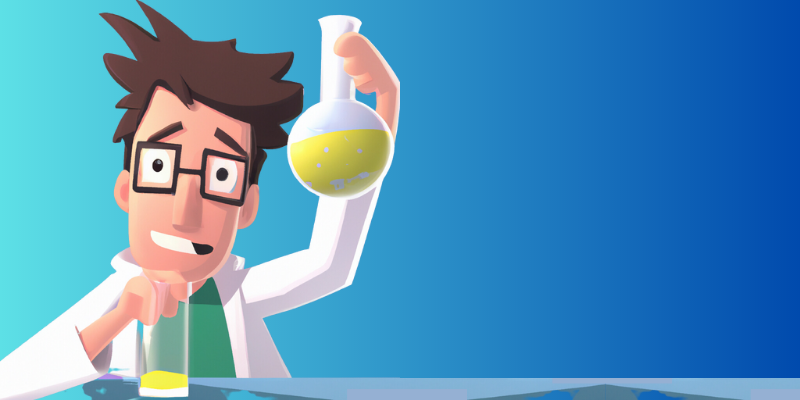 Cartoon scientist holding up a beaker — I Am Running Half a Dozen Blogging Experiments on My Sites
