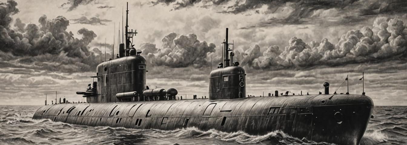 Monochrome image of a submarine out at sea.