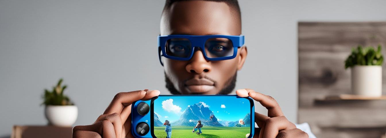 man holding smart phone, wearing AR glasses