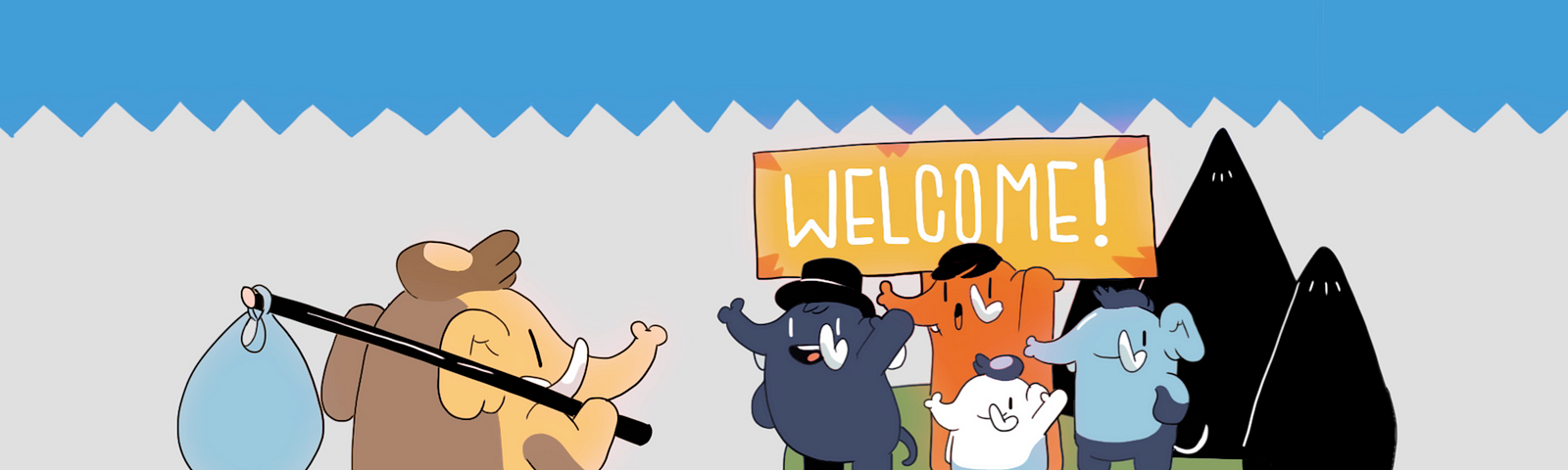 A cartoon Mastodon with a knapsack over his shoulder is greeted by a group of other cartoon Mastodons holding a “Welcome!” sign