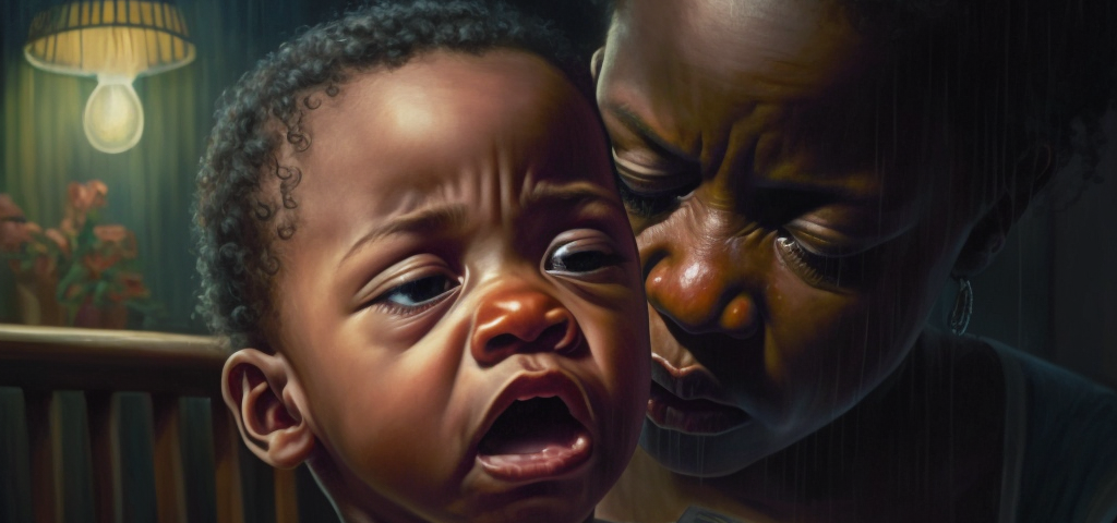 black mom holding a crying boy next to a crib, it is night, she’s crying too