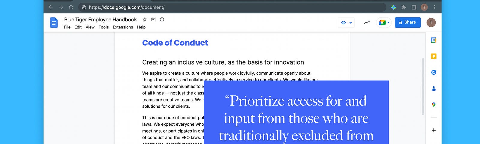 Screenshot of Blue Tiger’s Code of Conduct. Highlighted: “Prioritize access for and input from those who are traditionally excluded from the civic process.”