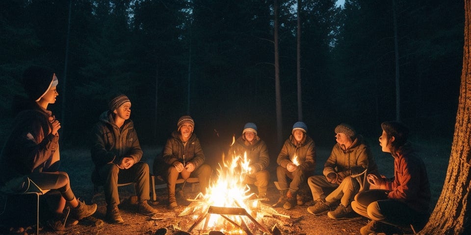 A group of campers huddled around a crackling campfire, their faces illuminated by its warm glow, surrounded by the dark shadows of the forest.