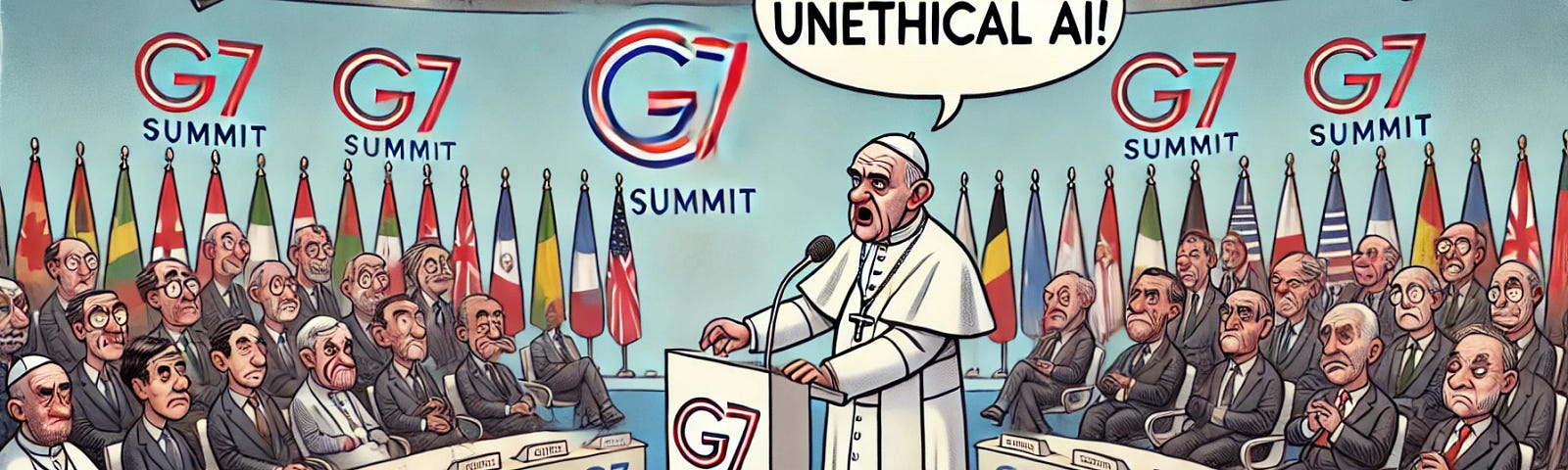 A cartoon of the Pope standing on a stage at the G7 summit, addressing an audience of world leaders. The Pope is holding a microphone with a severe expression, gesturing with one hand as he speaks. The audience includes caricatures of world leaders who look attentive and concerned. The backdrop features flags of the G7 nations and a G7 summit banner. A speech bubble next to the Pope says, “DOWN WITH UNETHICAL AI!” The setting is a large, modern conference hall with a high-tech atmosphere.
