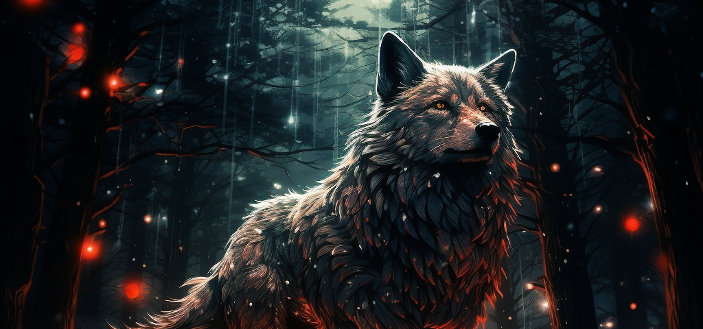 A gray wolf standing in a dark forest with red fairy lights around him.