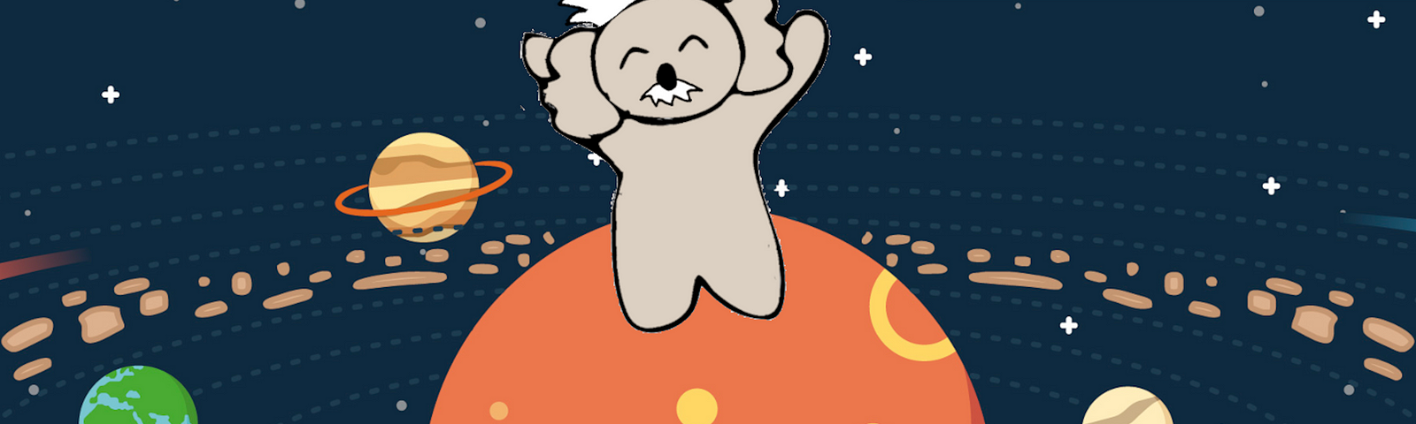 The image shows a stylized cartoon depiction of a koala in space, floating above a large orange planet. The koala appears happy or excited, with a broad smile and its arms raised. In the background, we see an array of planets with Earth visibly among them. The scene is set against a dark blue starry space background with the paths of the planets indicated by dashed lines.