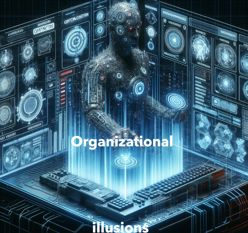 A dark tech-related image with the slogan “organizational illusions”