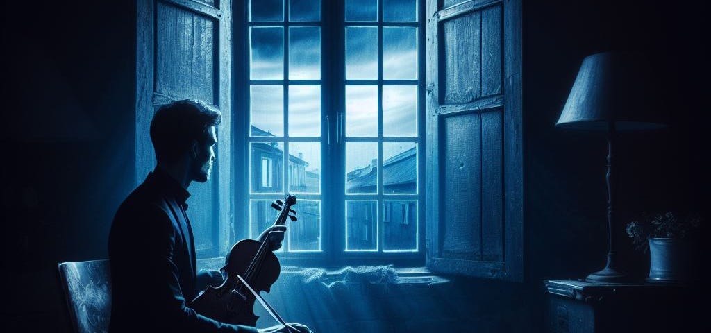 A man seated next to a window holding a violin in a dark room with blue light surrounding the atmosphere.