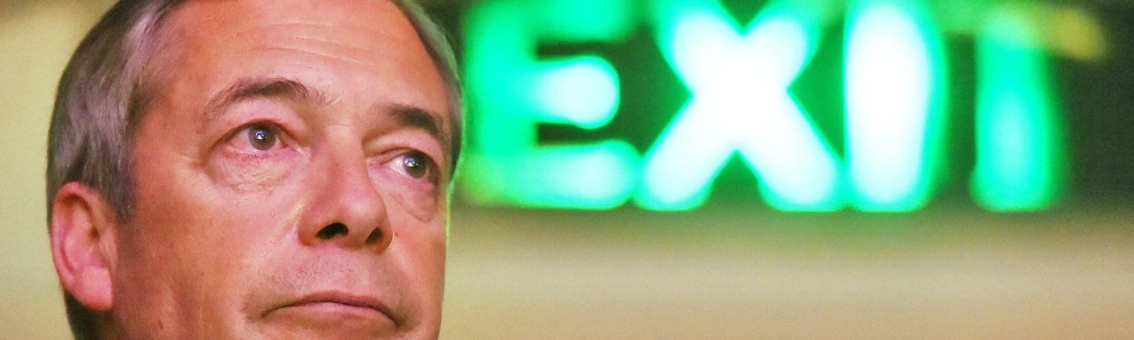 Just Nigel Farage’s head on the left of the picture with a big green neon light saying exit on the rest of the picture.