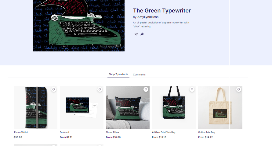 Copy of a priewview page for a Redbubble product called The Green Typewriter
