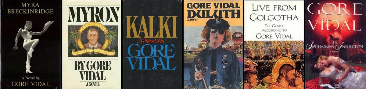 Covers of Gore Vidal’s six queerest novels. (Photos via Wikipedia)