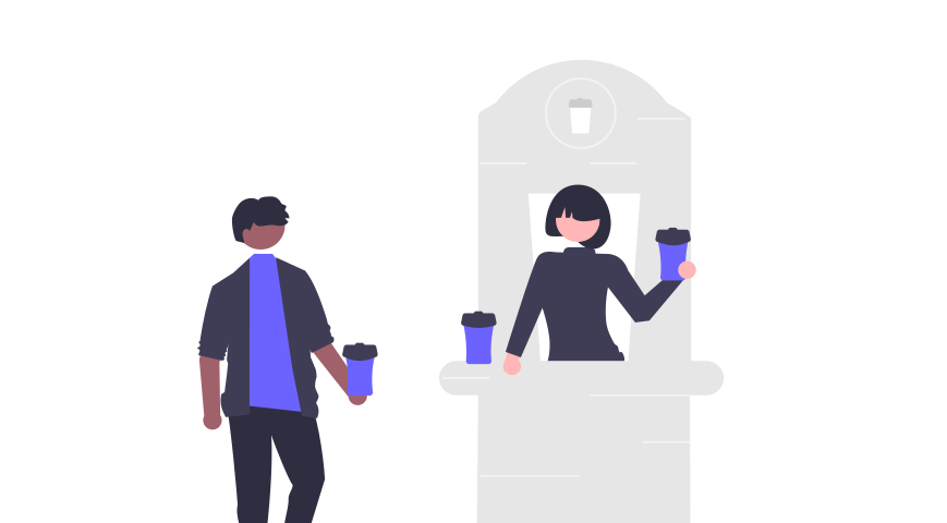 A man and woman illustration with a coffee cup