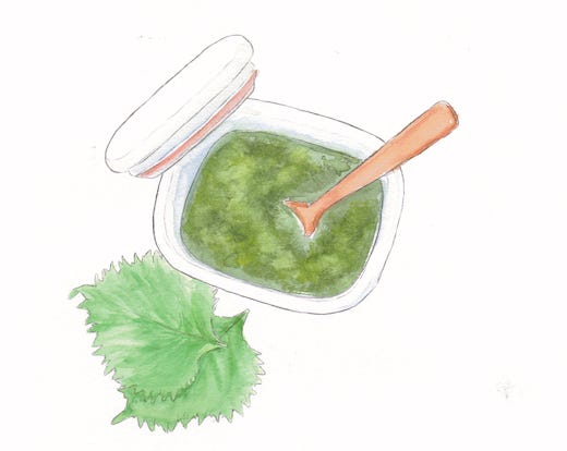 An illustration of shiso pesto