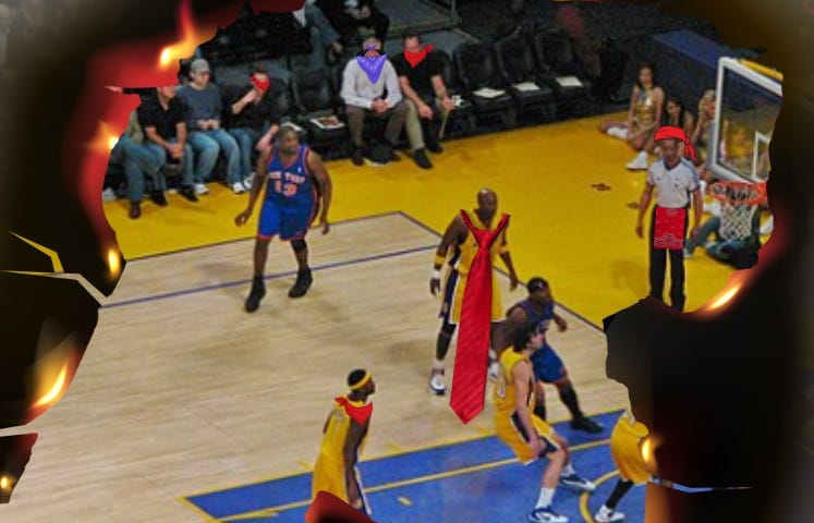 Capitol basketball game in hell. Photo of pro ball players wearing red ties and bandana against a burning page view.