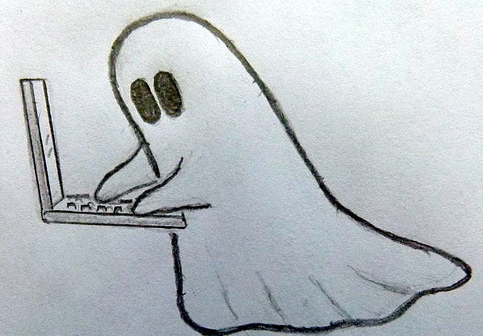 Funny b&w drawing of a ghost typing on the keyboard of a laptop computer ... ghost-writing a piece of marketing content