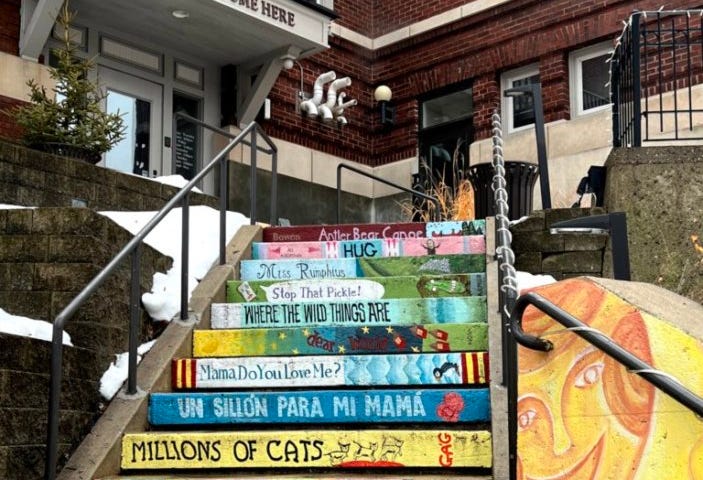 Decorated steps leading to Northfield, MN public library. Photo by Ellie Jacobson.