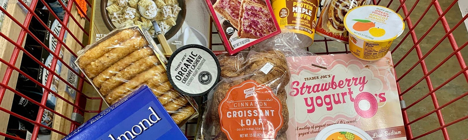 A cart filled with Trader Joe’s items.