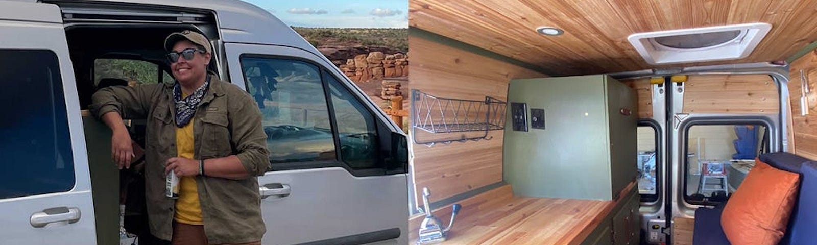 The owner of the renovated van standing next to it (left) and inside the renovated van (right).