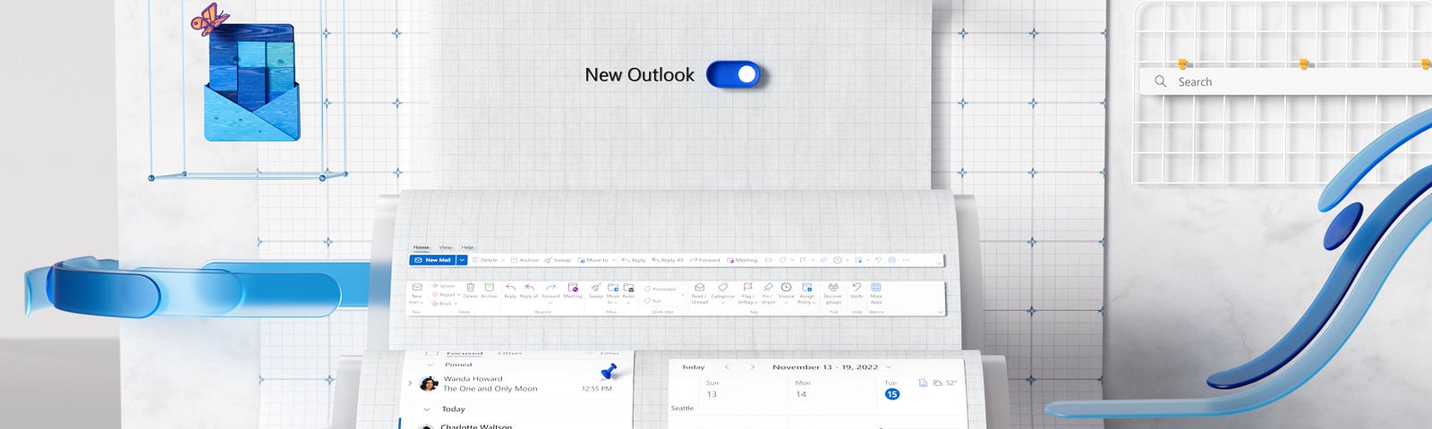 Outlook email and calendar components come together with a new expressive and modern aesthetics.