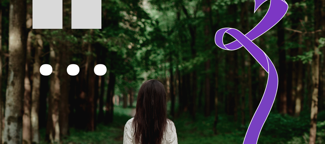 photo of a woman in the forest from behind and a lila ribbon band