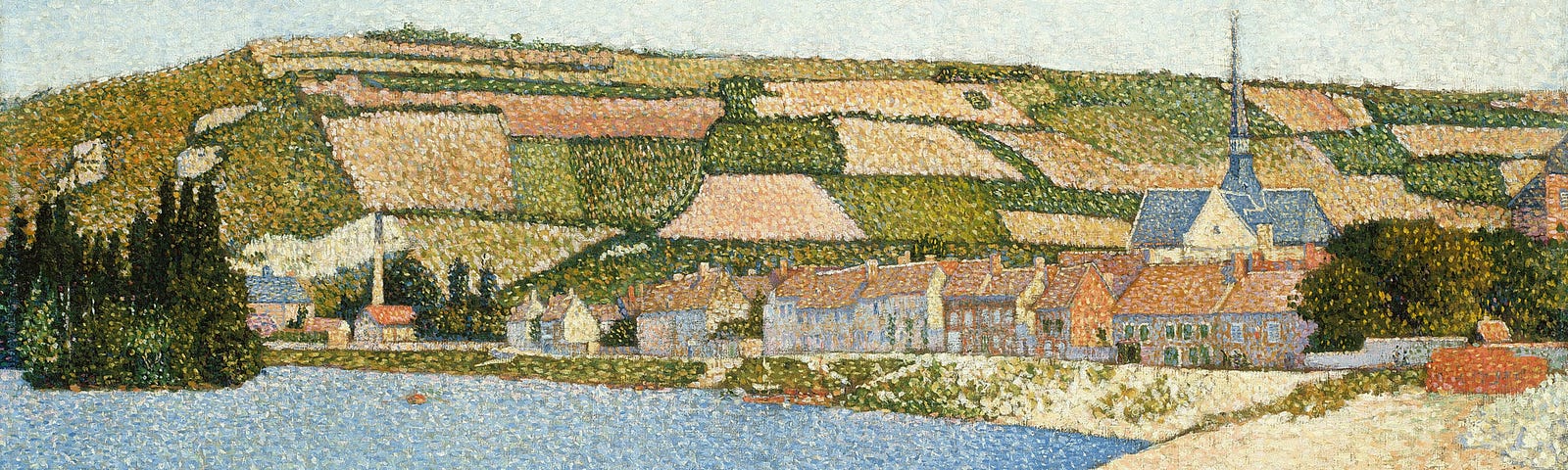 View of the harbor of Les Andelys, a village on the Seine River near Giverny, France, part of Paul Signac’s first series of works painted in dots and dashes of contrasting colors.