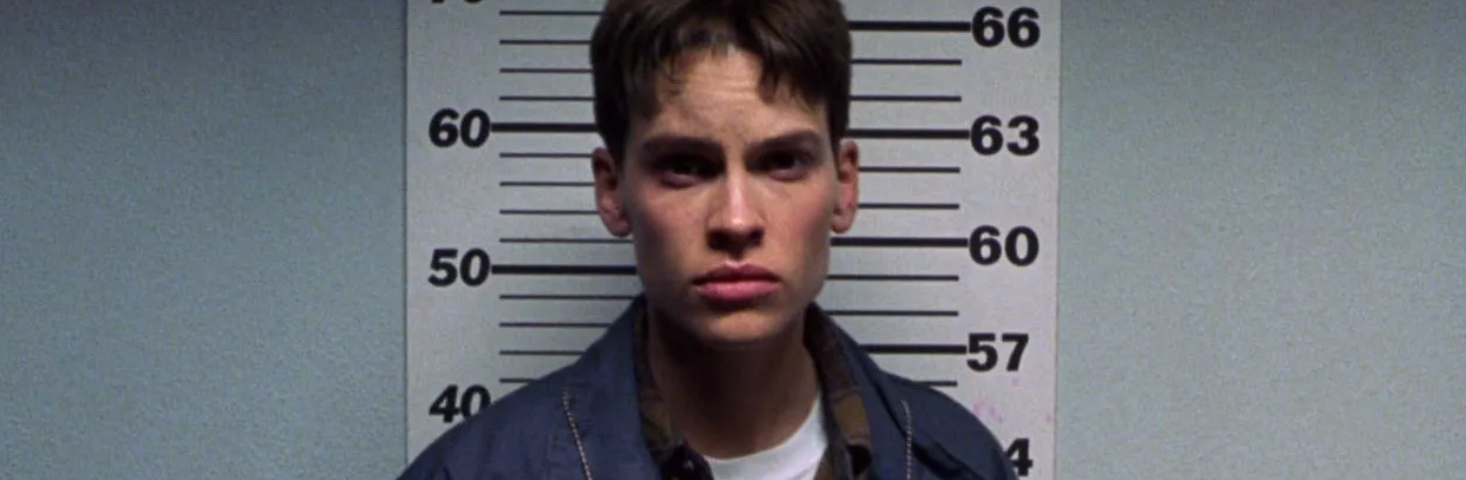 actor Hilary Swank posing for Grand Theft Auto mugshot in the film Boys Don’t Cry